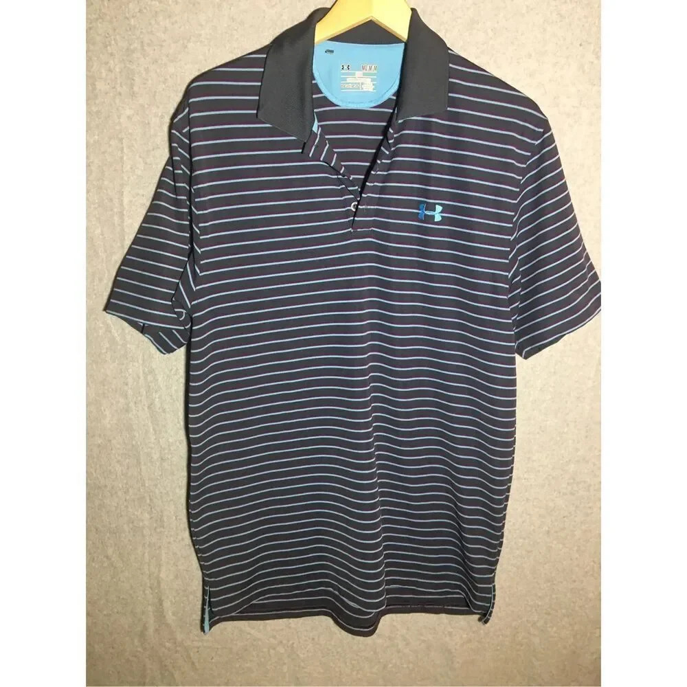 Mens Under Armour Dark Grey Blue Stripes Polo Casual Outdoors Golfing Loose
